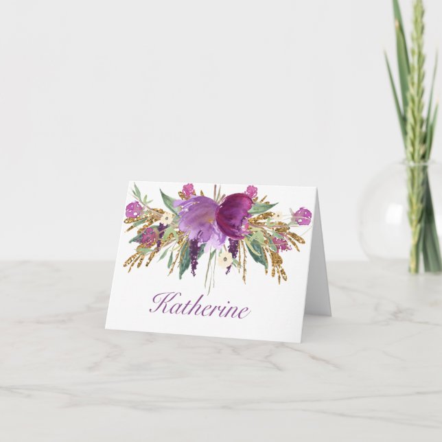 Purple and Gold Watercolor Flowers Notecards (Front)