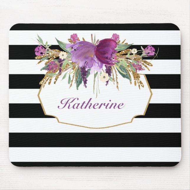 Purple and Gold Watercolor Flowers Personalized Mouse Pad (Front)