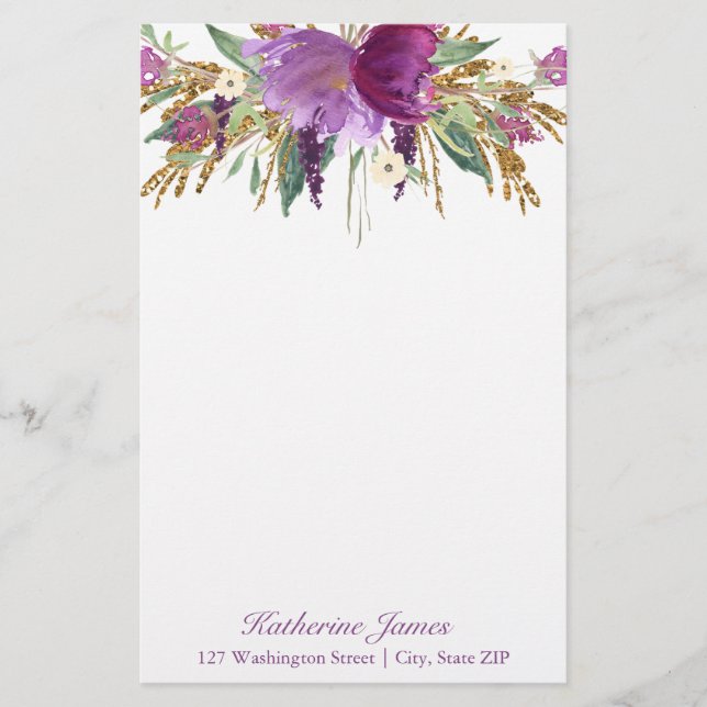 Purple and Gold Watercolor Flowers Personalized Stationery (Front)