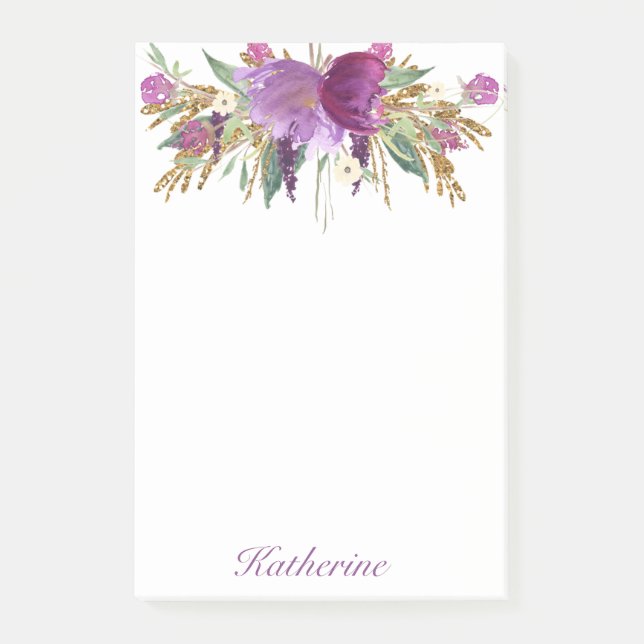 Purple and Gold Watercolor Flowers Post-it Notes (Front)