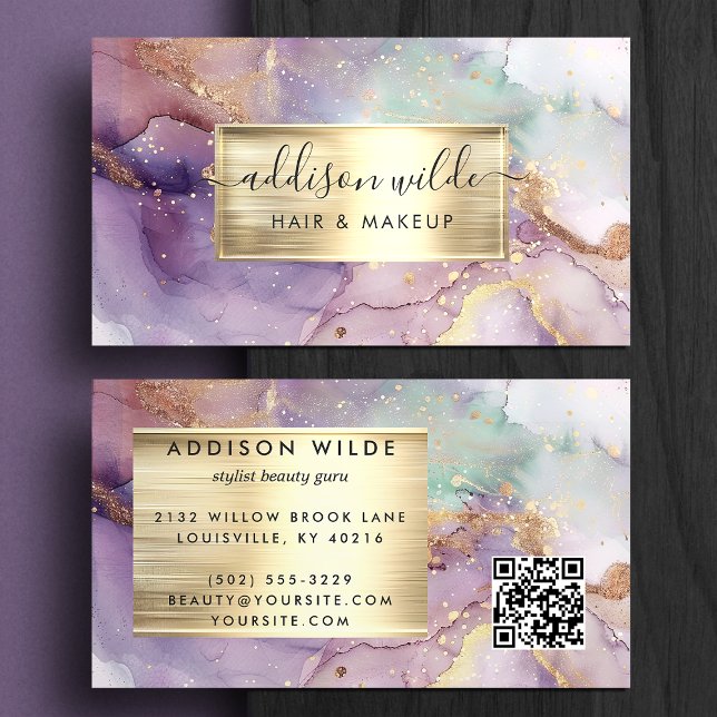Purple And Gold Watercolor Marble Business Card (Creator Uploaded)