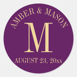 Purple and Gold Wedding Monogram Classic Round Sticker