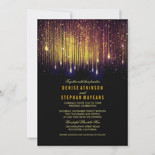Purple and Gold Wedding String Lights Invite (Front)