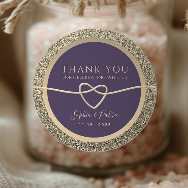 Purple and Gold Wedding Thank You Classic Round Sticker (Creator Uploaded)
