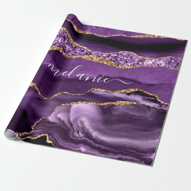 Purple and Gold Wrapping Paper Personalized Name (Unrolled)