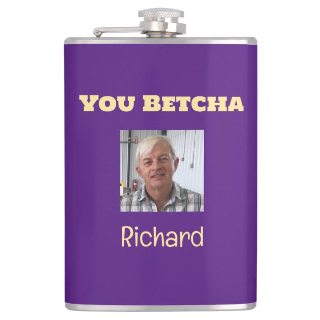 Purple and Gold You Betcha Custom Photo  Hip Flask (Front)