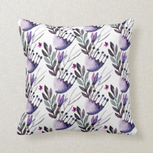 Purple and Gray Watercolor Flowers Pattern Throw Pillow