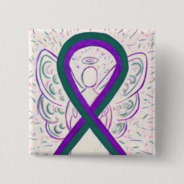 Purple and Green Awareness Ribbon Angel Button Pin (Front)