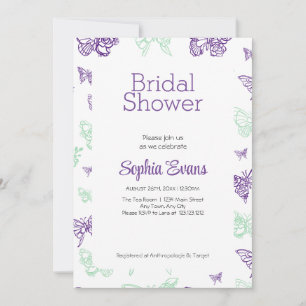 Purple and Green Butterflies White Bridal Shower Invitation