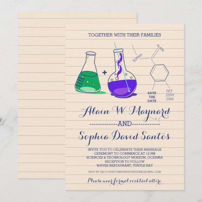 Purple and Green Chemistry Wedding Invitations (Front/Back)