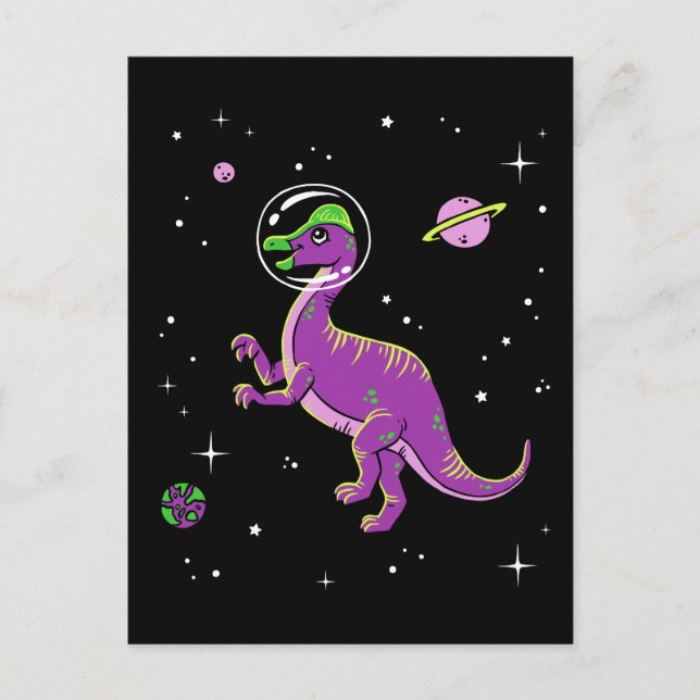 Purple And Green Corythosaurus Dinos In Space Postcard (Front)