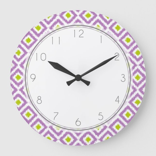 Purple and Green Diamond Ikat Pattern Large Clock (Front)