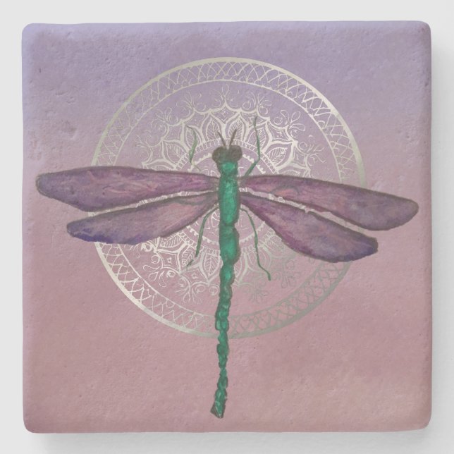 Purple and Green Dragonfly Limestone Coaster (Front)