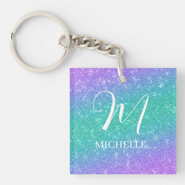Purple and Green Faux Glitter Name and Initial Keychain (Front)