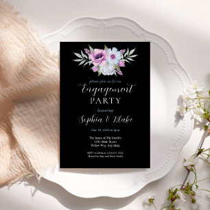 Purple and Green Floral Black Engagement Party Invitation
