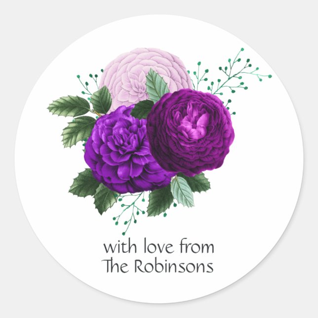 Purple and Green Floral Classic Round Sticker (Front)