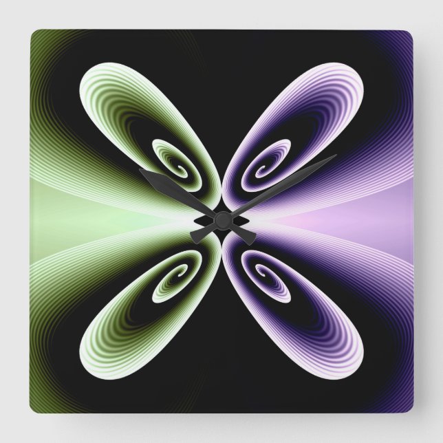 Purple and Green Floral Petal Digital Pattern Square Wall Clock (Front)