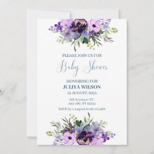 purple and green floral simple baby shower invitation