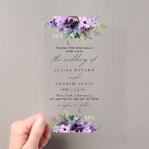 Purple and green  Floral wedding Acrylic Invitations