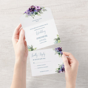 Purple and green Floral wedding All In One Invitation