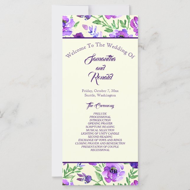Purple and Green Floral Wedding Program (Front)