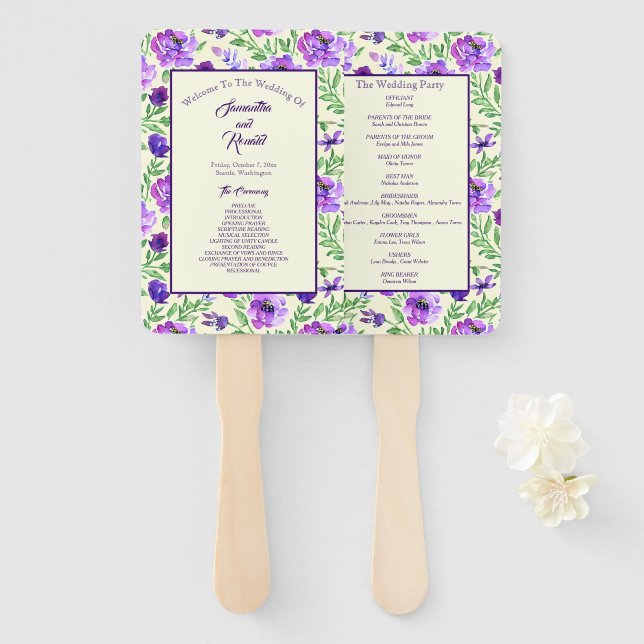 Purple and Green Floral Wedding Program Hand Fan (Front and Back)
