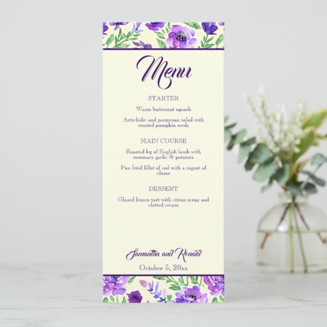 Purple and Green Flowers Wedding Menu Card (Standing Front)