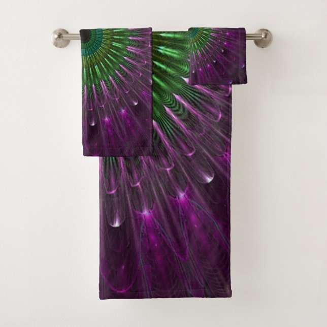 Purple and Green Glass Floral Fractal Bath Towel Set (Insitu)