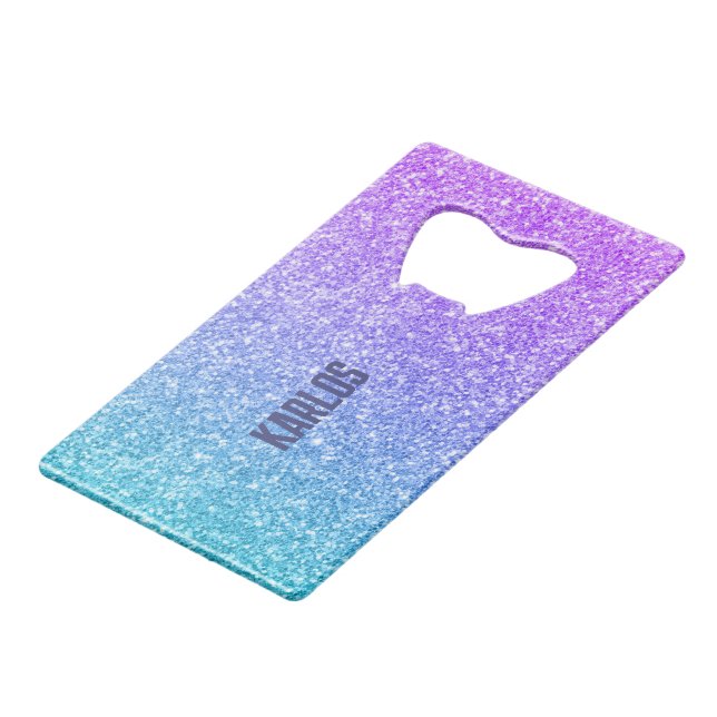 Purple and green glitter texture ombre credit card bottle opener (Back Angled)