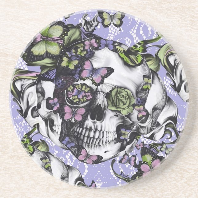 Purple and green lace butterfly skull case coaster (Front)