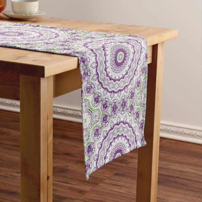 Purple and Green Mandala Pattern Design Medium Table Runner (In Situ)