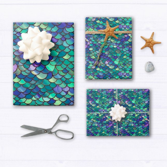 Purple and Green Mermaid Scales Wrapping Paper Sheet (Add a touch of magic to your gifts with this enchanting mermaid wrapping paper set.)