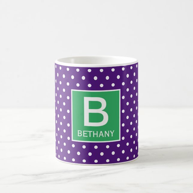 Purple and Green (or Custom Colour) Monogram Dotty Coffee Mug (Center)