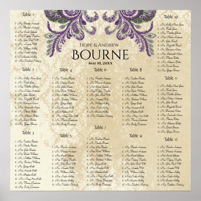 Purple and Green Peacock Seating Chart 12 Tables (Front)