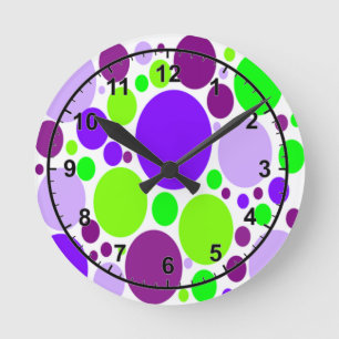 Purple And Green Polka Dots Round Clock