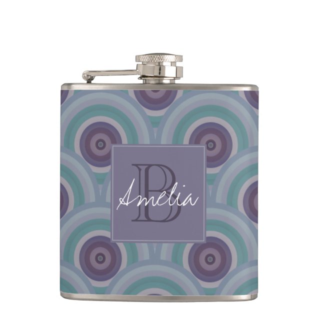 Purple and Green Retro Circles Pattern Monogram Hip Flask (Front)