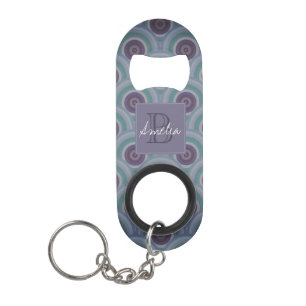 Purple and Green Retro Circles Pattern Monogram Keychain Bottle Opener