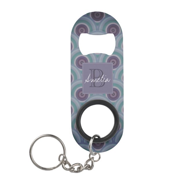 Purple and Green Retro Circles Pattern Monogram Keychain Bottle Opener (Front)