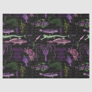 Purple and Green Sea Creatures on Black Decoupage Tissue Paper