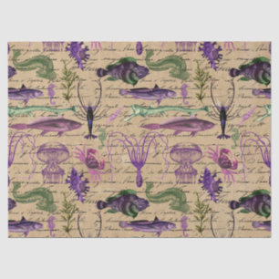 Purple and Green Sea Creatures on Tan Decoupage Tissue Paper