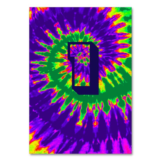 Purple and Green Spiral Tie Dye Wedding Table One Number (Front)