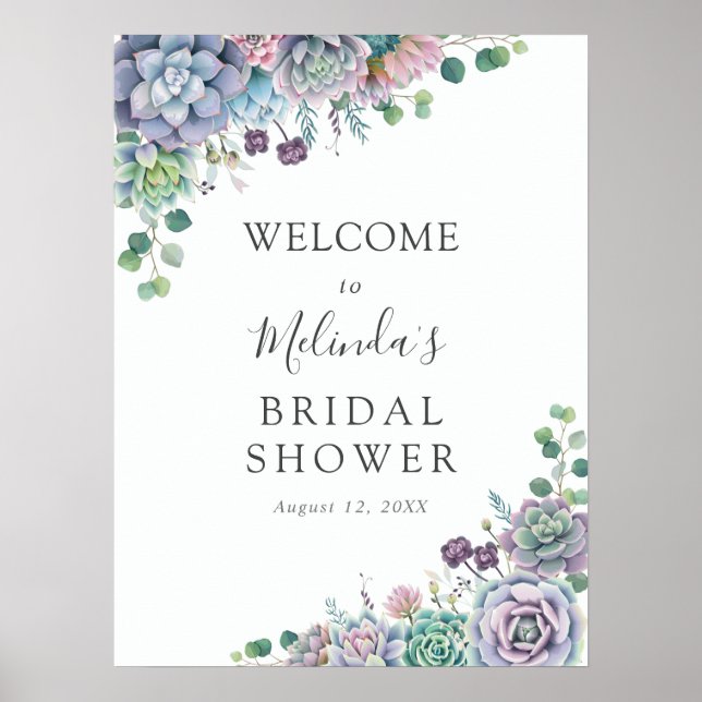 Purple and Green Succulent Bridal Shower Welcome Poster (Front)