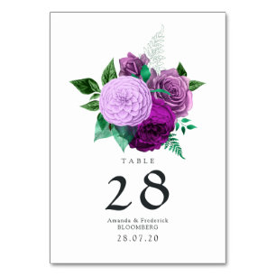 Purple and Green Watercolor Floral Wedding Table Number