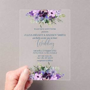 Purple and green watercolour Floral wedding Acrylic Invitations