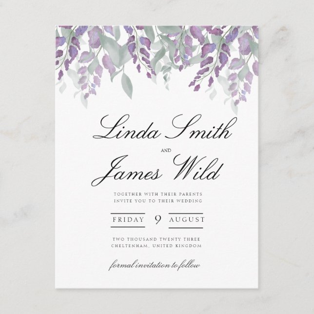 Purple and green wisteria and eucalyptus save the  enclosure card (Front)