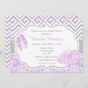 Purple and Grey Chevron Ballerina Baby Shower Invitation