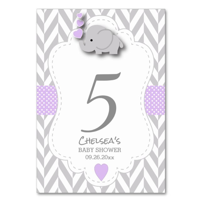 Purple and Grey Chevron Elephant Table Number (Front)