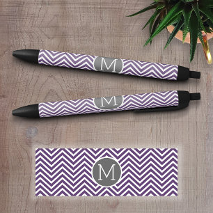 Purple and Grey Chevron Pattern with Monogram Black Ink Pen