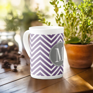 Purple and Grey Chevron Pattern with Monogram Bone China Mug