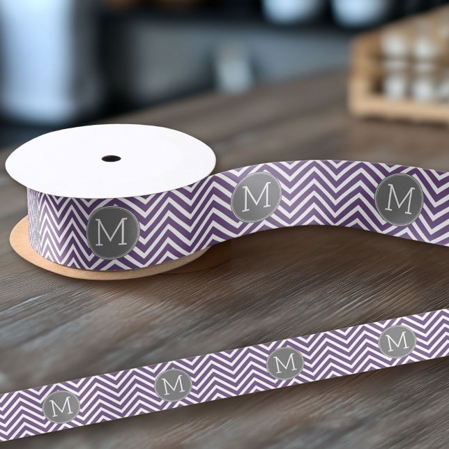 Purple and Grey Chevron Pattern with Monogram Satin Ribbon (Custom Ribbon on a Roll - Personalize this ribbon with you text)